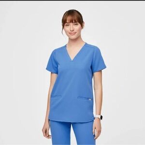 FIGS Womens Capri Blue Casma-Three Pocket Scrub Top sz XS